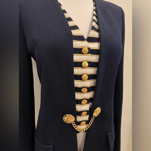 St. John Nautical Santana Knit Navy Blue Striped Vest Chain Blazer Jacket 6 Wool - Picture 3 of 9